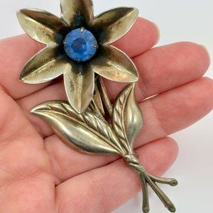 Flower Brooch, Metal Flower, Blue Rhinestone, 30s, 40s, Vintage Pin, 3 3/4" Long